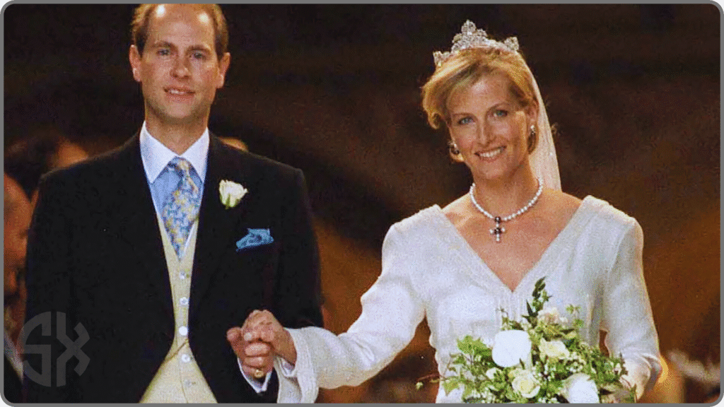 Sophie Rhys-Jones and Prince Edward together after their royal wedding at St. George’s Chapel