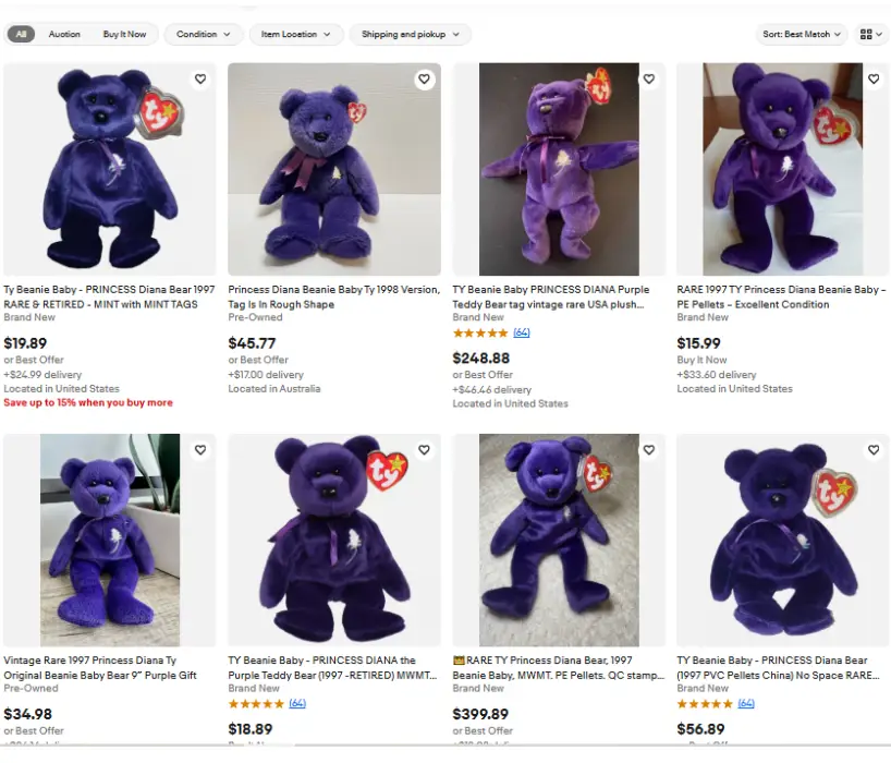 Current eBay listings showing Diana Beanie Baby price variations