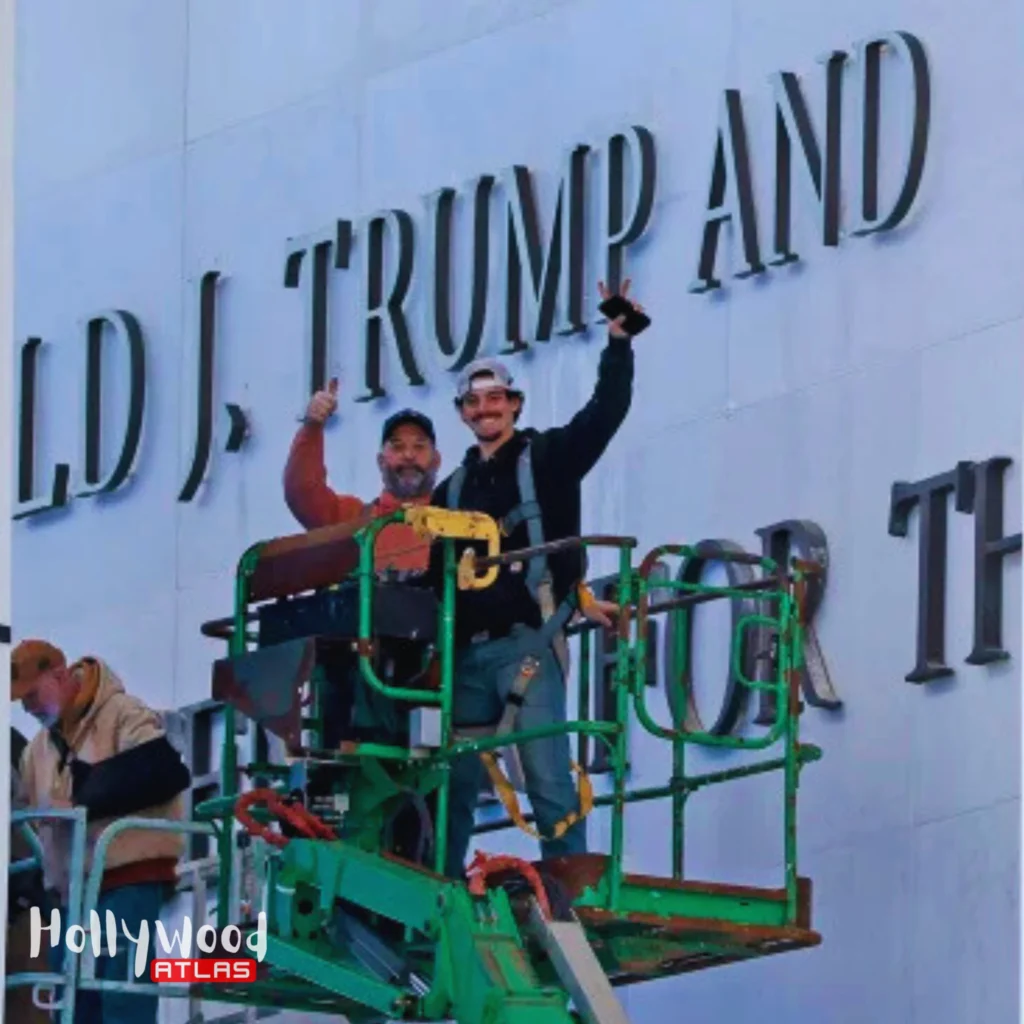 Close-up of the newly updated Trump Kennedy Center sign featuring John F. Kennedy and Donald Trump.