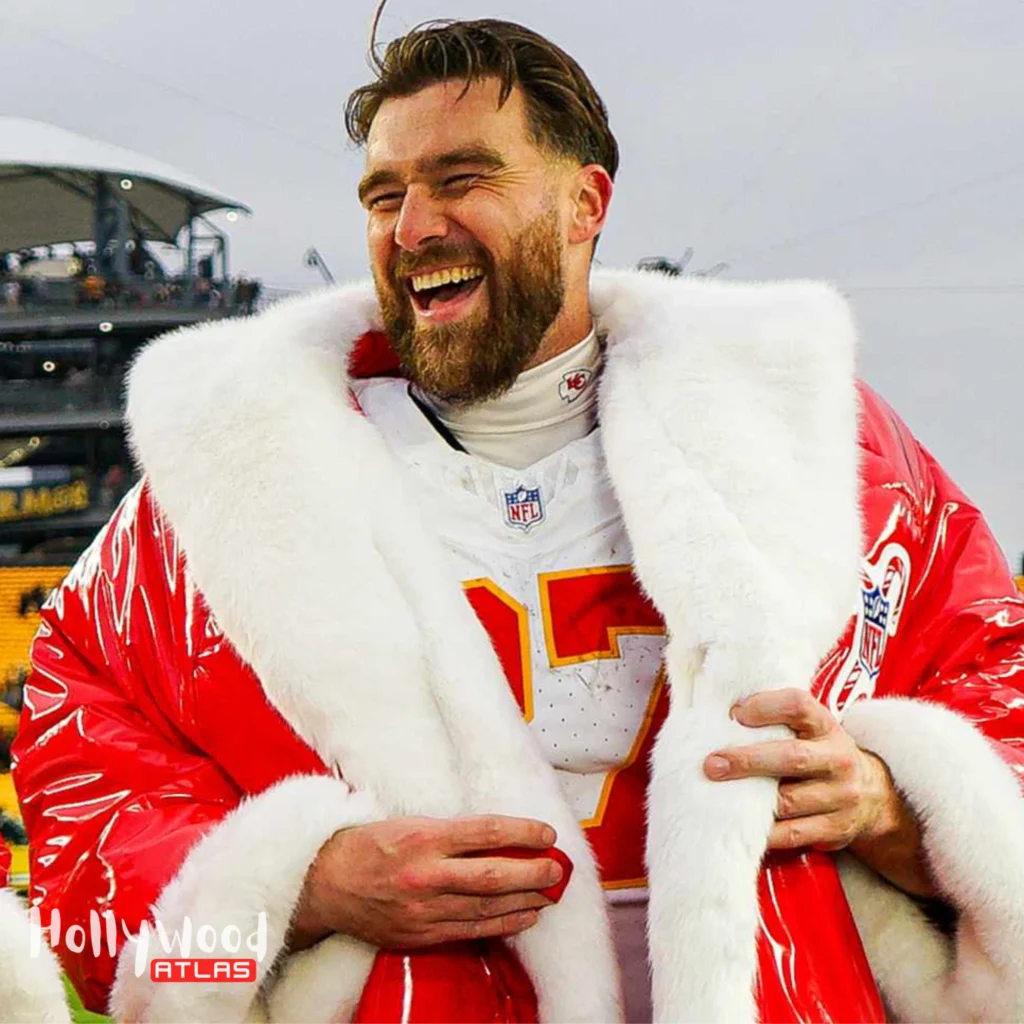 Patrick Mahomes wearing Netflix Santa Jackets NFL MVPs after a Christmas Day game