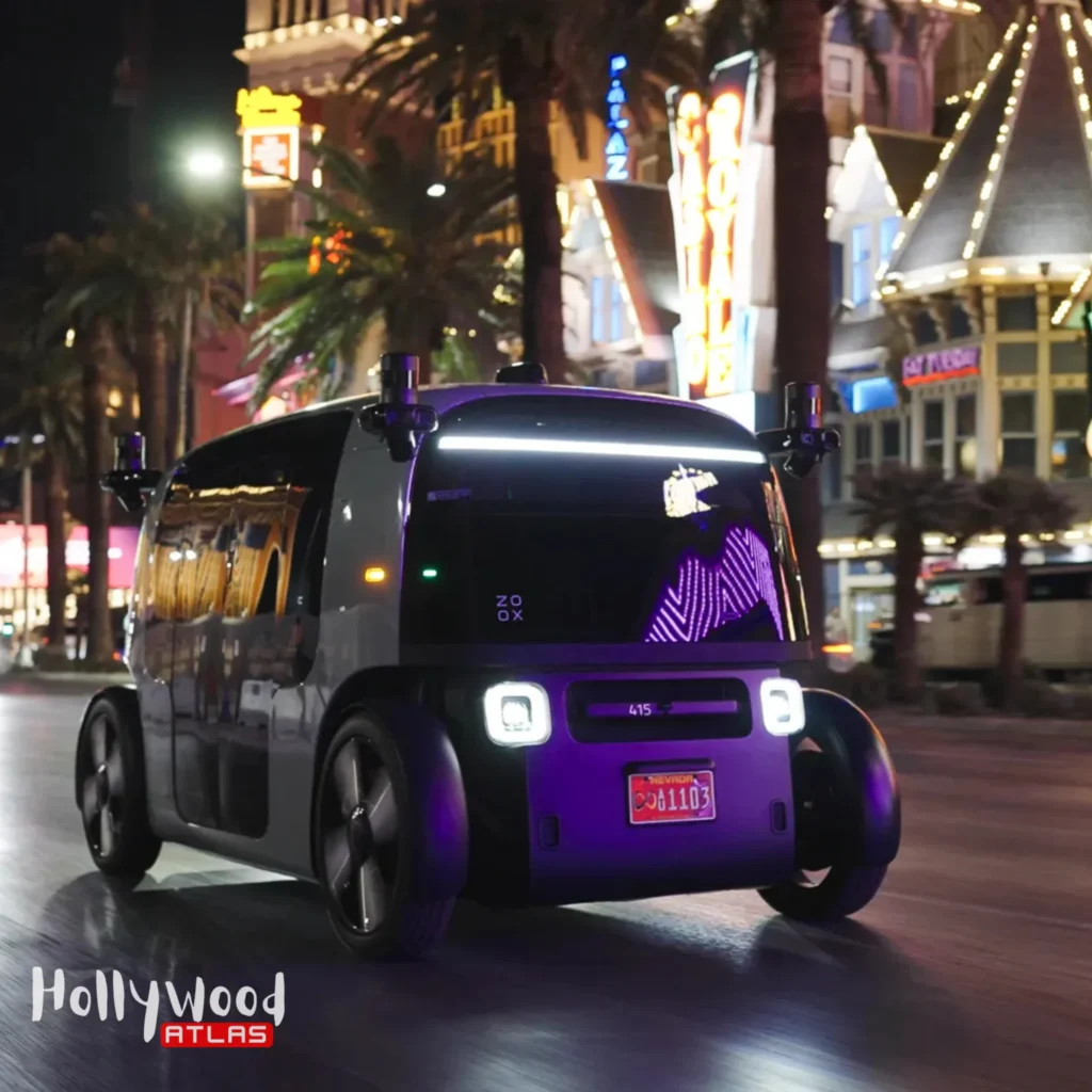 Zoox robotaxi outside T-Mobile Arena offering autonomous rides for fans