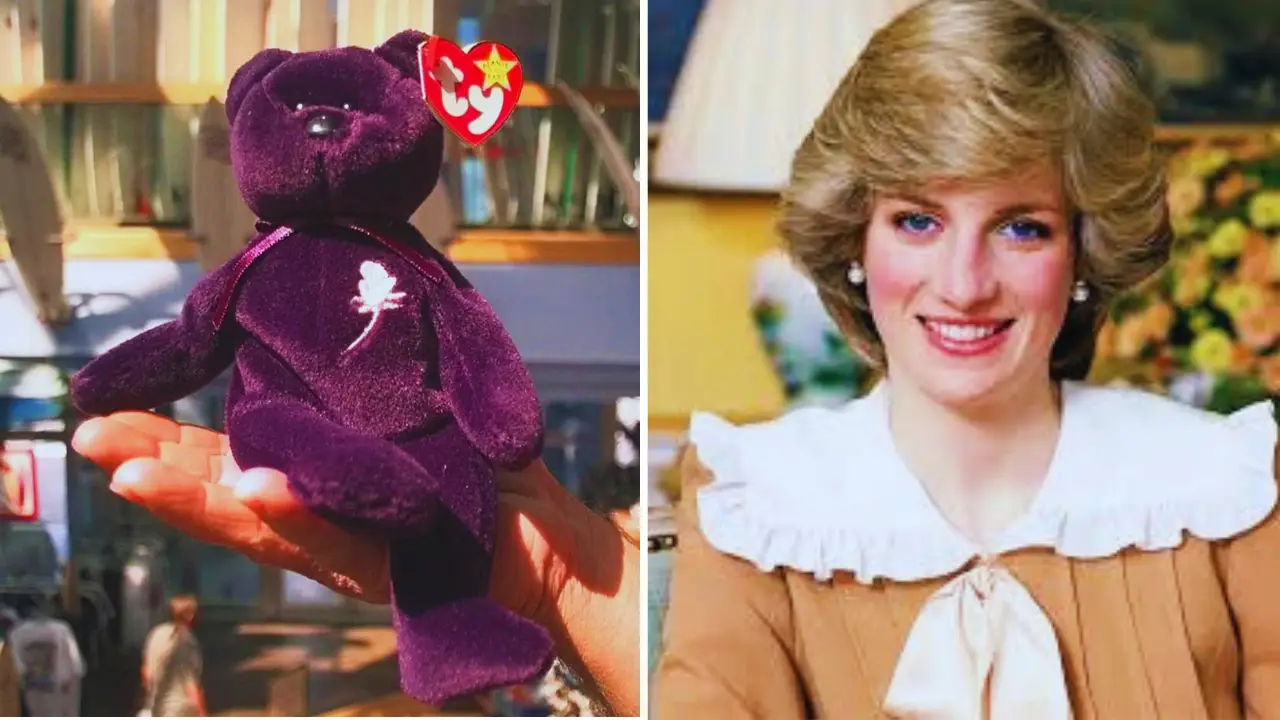 Diana Beanie Baby purple bear with white rose emblem from 1997