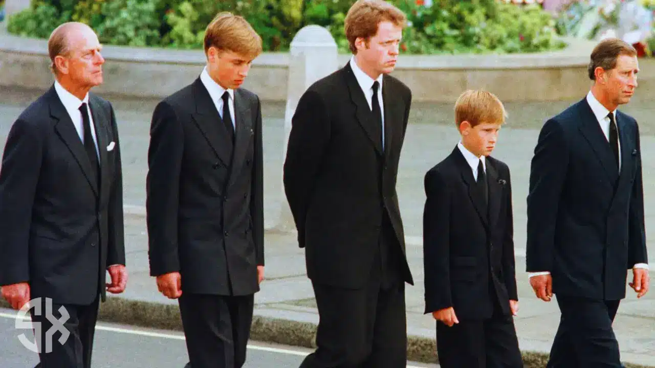 Prince Harry and Prince William walking behind Princess Diana’s coffin in 1997 funeral procession”