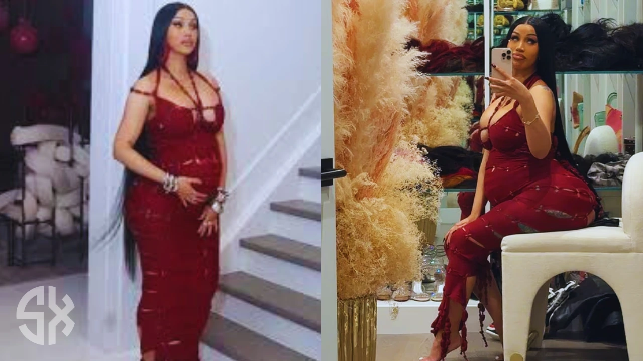 Cardi B shows off baby bump in red cutout dress at her 33rd birthday celebration