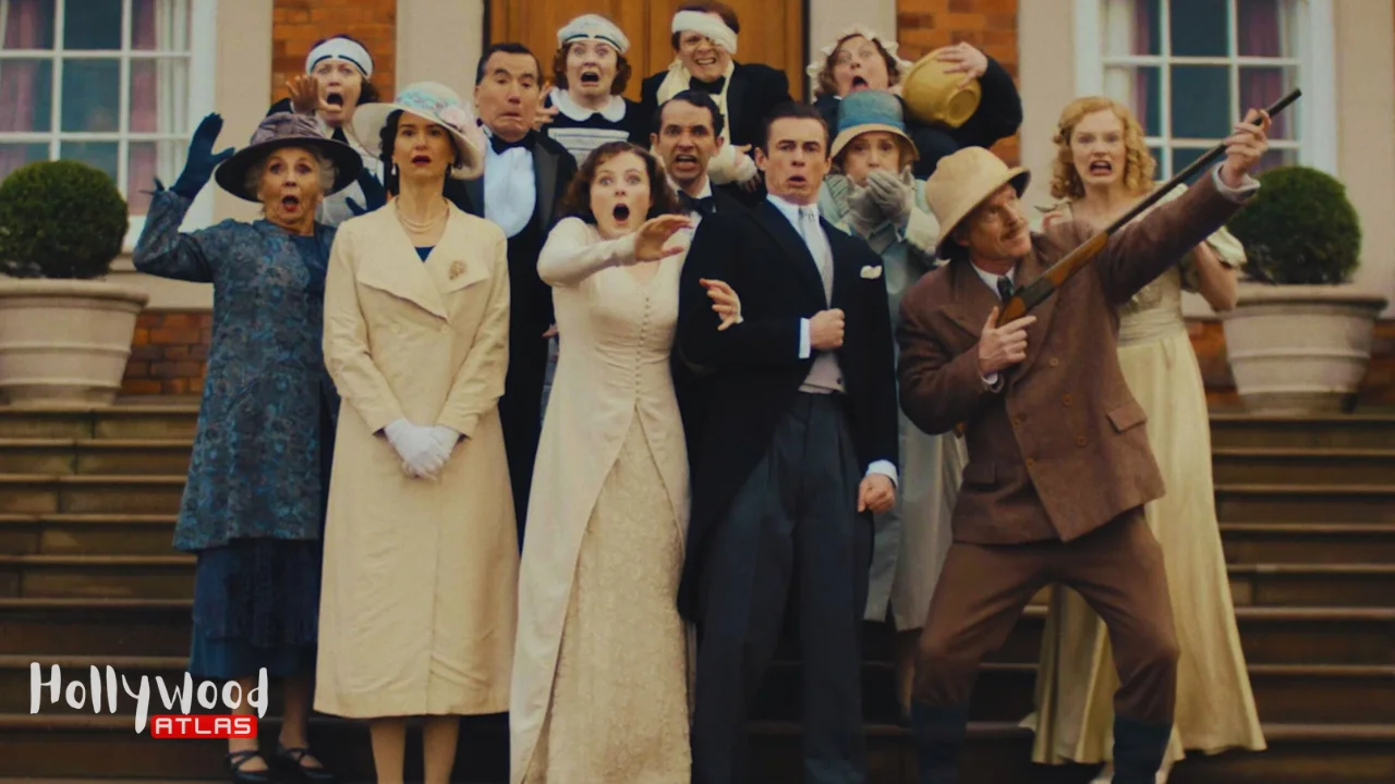 Fackham Hall Movie Review cast in a period comedy scene