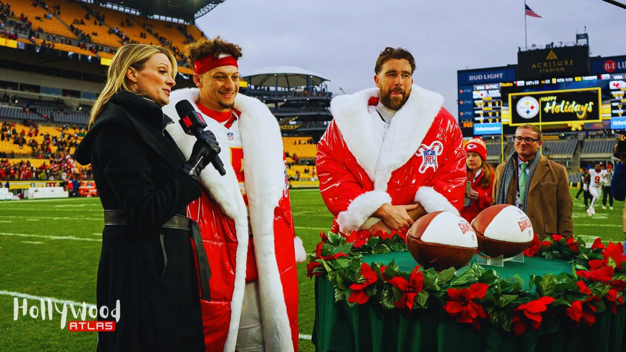 Travis Kelce and Patrick Mahomes models Netflix Santa Jackets NFL MVPs during postgame interview