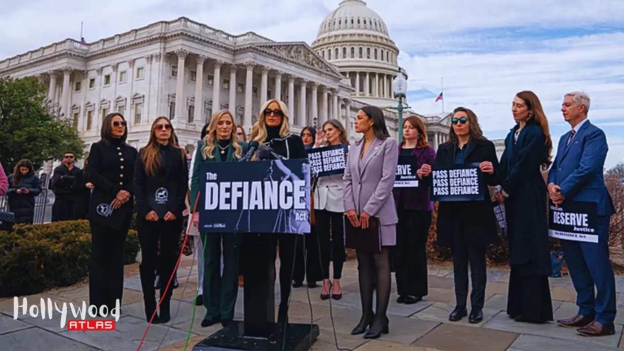 Paris Hilton deepfake advocacy with Alexandria Ocasio-Cortez at Congress press conference on DEFIANCE Act